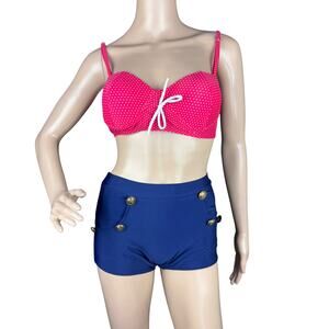 New Saslax Classic Fashion Pink Polka Dots Padded Underwire Bikini Swim Top L